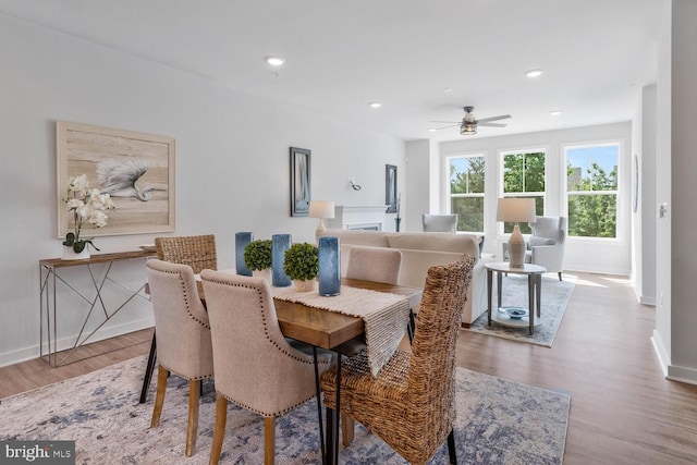 dining space with wood-type flooring and ceiling fan