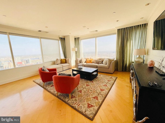 living room featuring light hardwood / wood-style flooring and ornamental molding