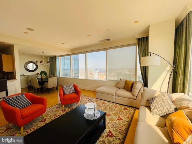 living room with a notable chandelier