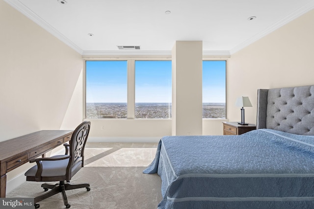 carpeted bedroom with crown molding