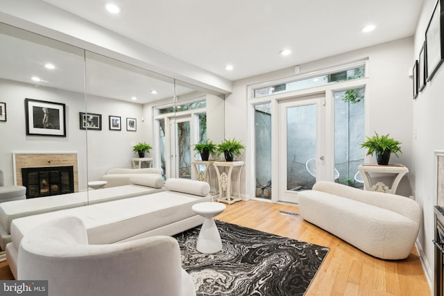 living room featuring french doors and hardwood / wood-style flooring