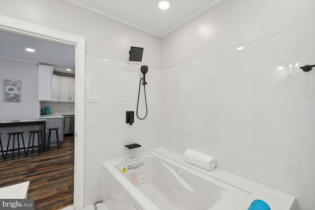 bathroom with crown molding and hardwood / wood-style floors