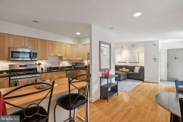 kitchen featuring appliances with stainless steel finishes, rail lighting, sink, and light wood-type flooring