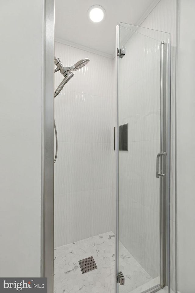 bathroom featuring a shower with shower door