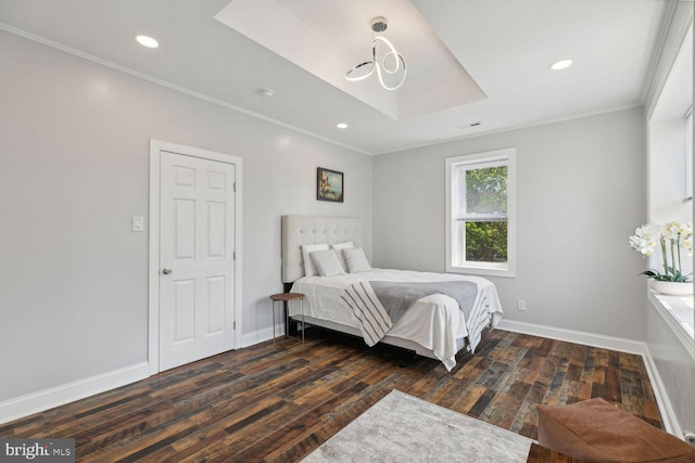 bedroom with dark wood-type flooring and ornamental molding