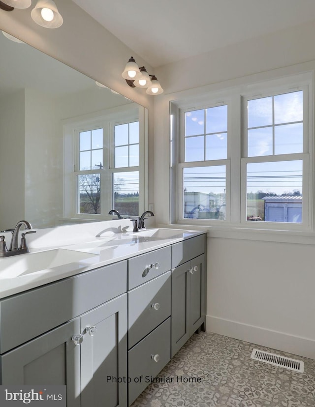 bathroom with a wealth of natural light, a sink, and visible vents