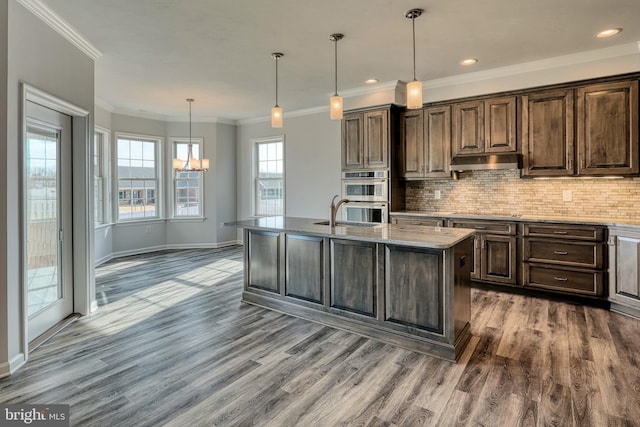 kitchen featuring backsplash, crown molding, wood-type flooring, and double oven