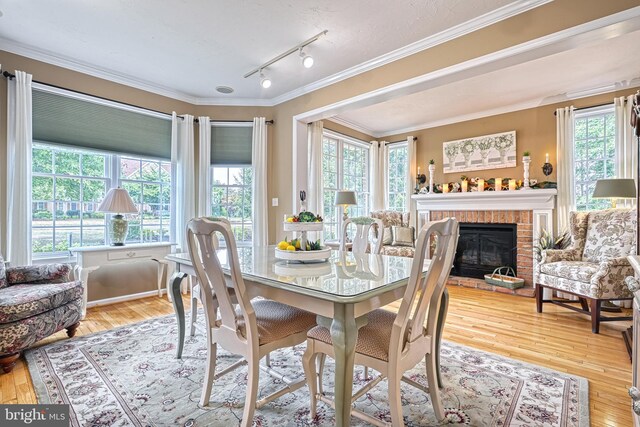 dining space with crown molding, track lighting, a brick fireplace, and light wood-style floors