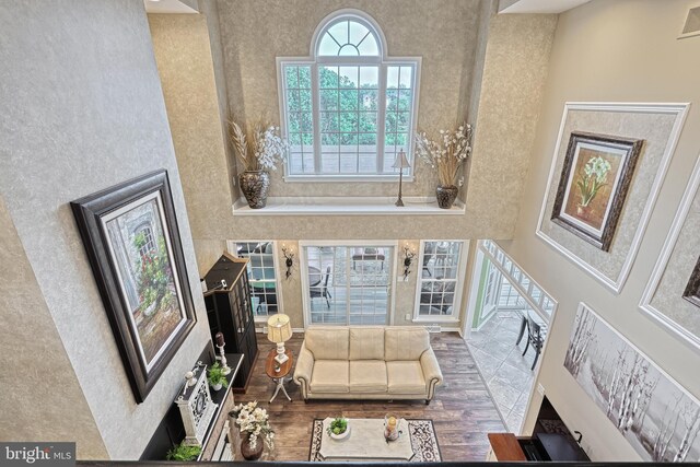 living room featuring a high ceiling, visible vents, and wood finished floors