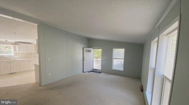 carpeted empty room featuring lofted ceiling