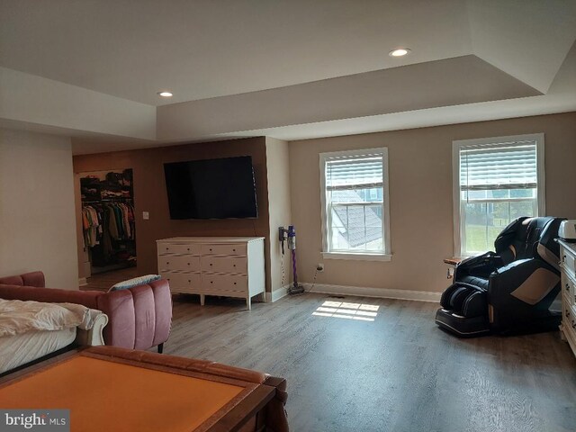 living room featuring a tray ceiling, plenty of natural light, and light wood-type flooring