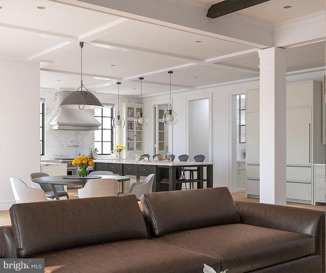 living area featuring decorative columns, ornamental molding, coffered ceiling, and beam ceiling