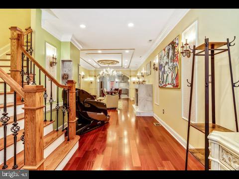 interior space featuring a raised ceiling, crown molding, and hardwood / wood-style floors