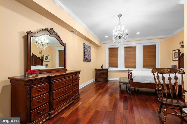 bedroom with visible vents, baseboards, dark wood-style floors, crown molding, and a chandelier