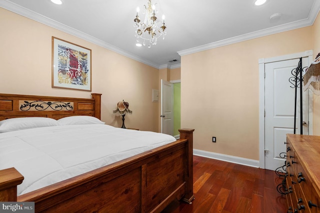 bedroom featuring visible vents, baseboards, dark wood-type flooring, crown molding, and a chandelier