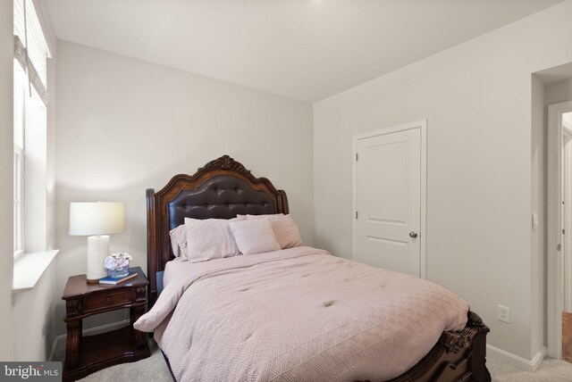 bedroom with light carpet