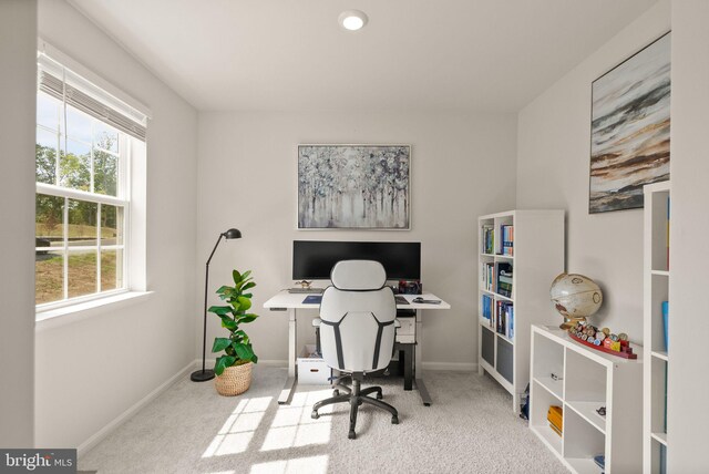 carpeted home office with baseboards