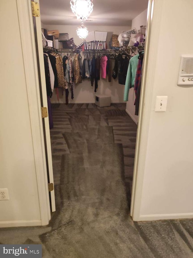 spacious closet featuring dark carpet