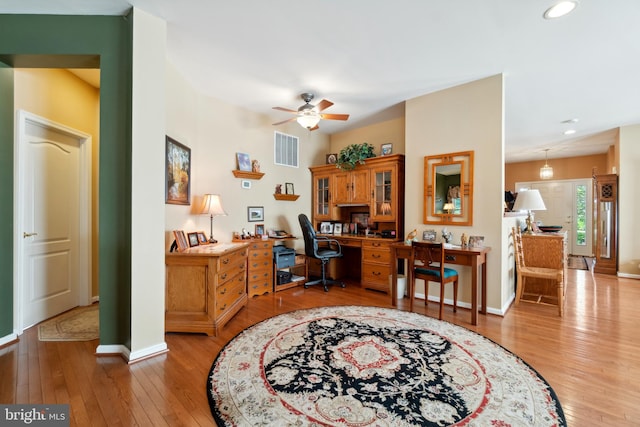 office area featuring hardwood / wood-style flooring and ceiling fan