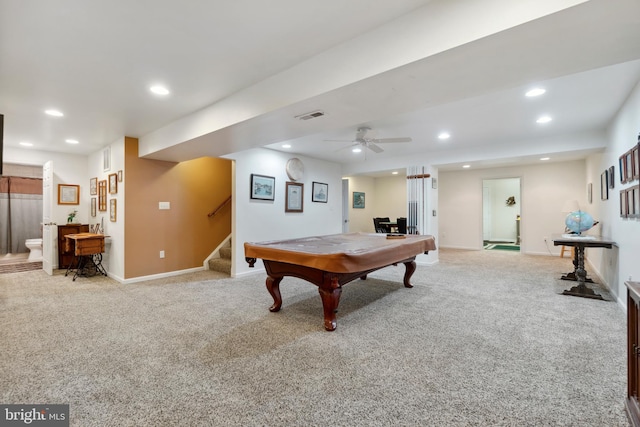 playroom featuring ceiling fan, light colored carpet, and billiards