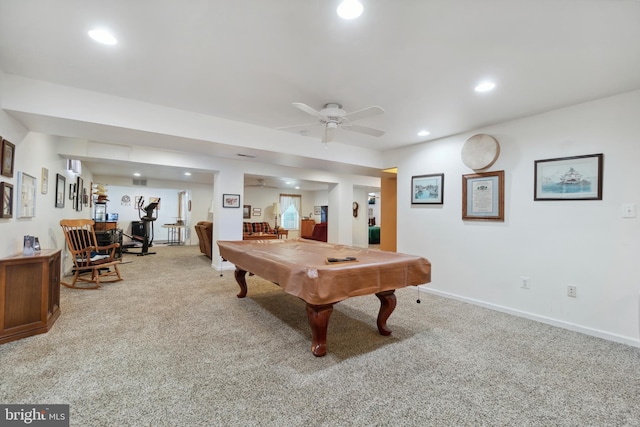 playroom featuring billiards, ceiling fan, and light carpet