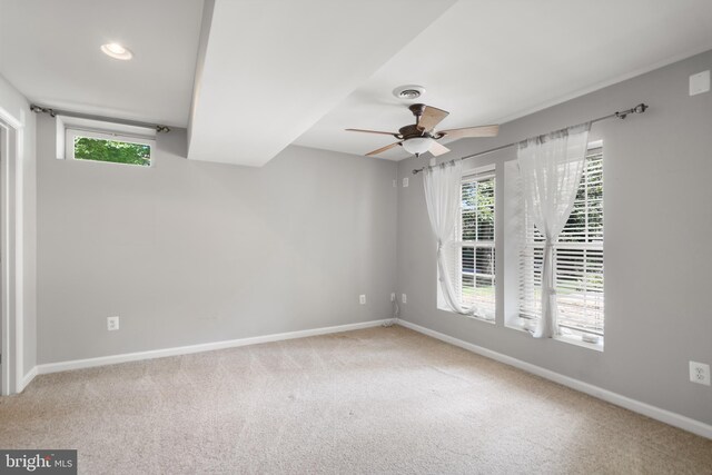 spare room featuring ceiling fan and carpet floors