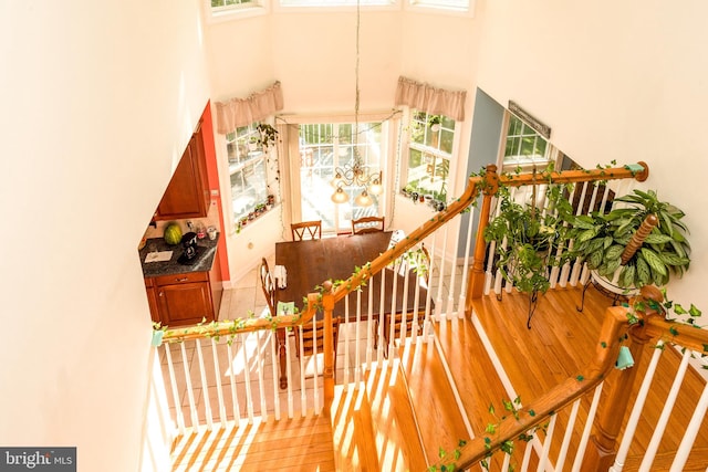 stairs featuring a towering ceiling, a chandelier, and hardwood / wood-style flooring