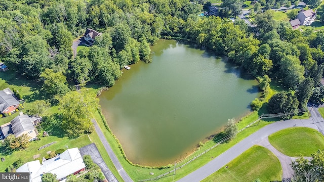 drone / aerial view with a water view