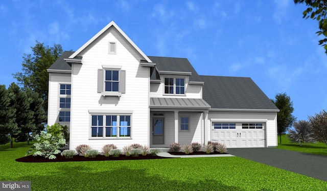 traditional-style home with driveway, metal roof, an attached garage, a standing seam roof, and a front yard