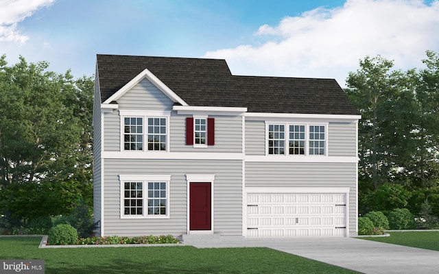 view of front of property with driveway, a shingled roof, a garage, and a front yard