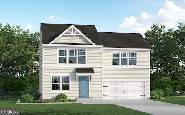 view of front of property with driveway, a shingled roof, a garage, and a front yard