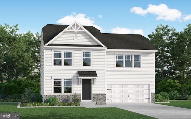 view of front of home with an attached garage, concrete driveway, stone siding, roof with shingles, and a front lawn