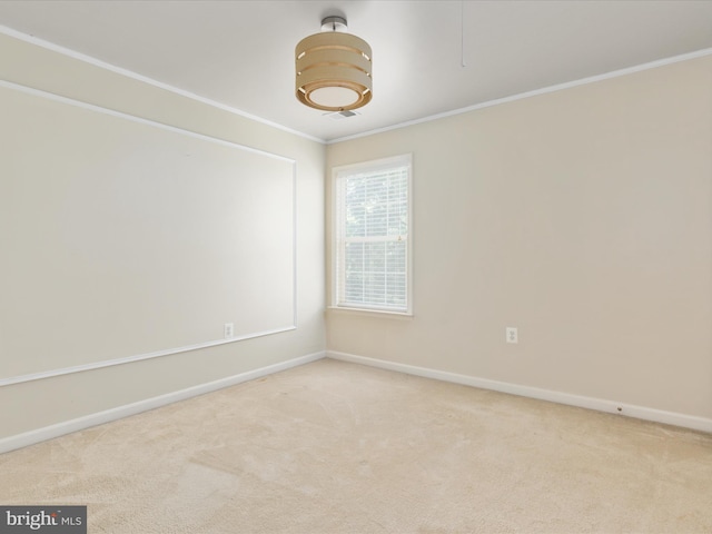 empty room featuring light carpet and ornamental molding