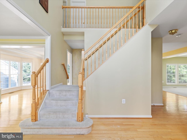 staircase with wood-type flooring, a towering ceiling, and crown molding