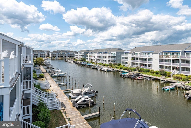 water view featuring a dock