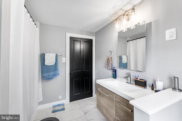 bathroom featuring vanity, walk in shower, and tile patterned floors