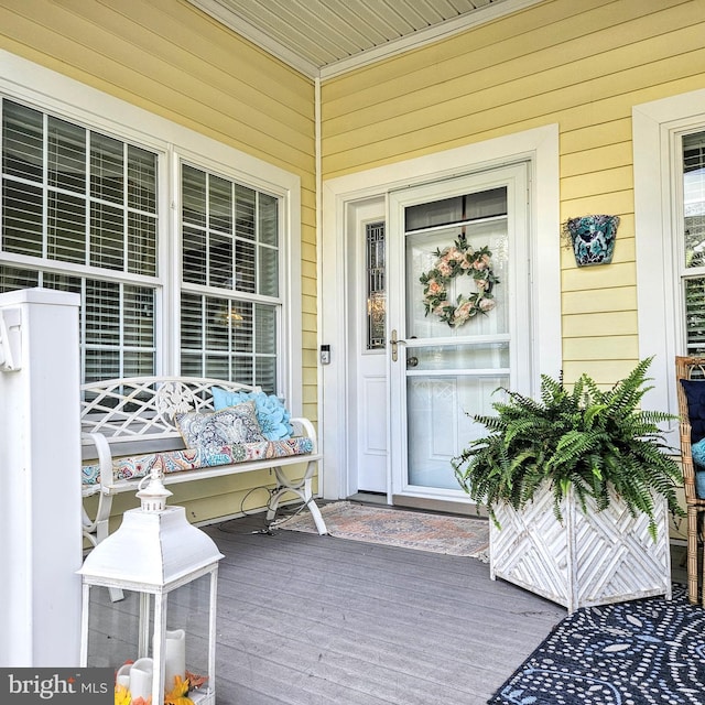 view of exterior entry with a porch