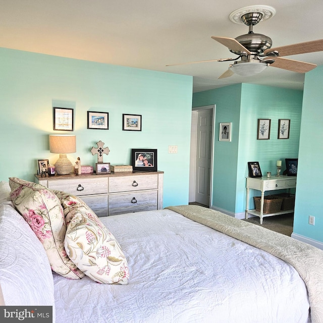 bedroom featuring a ceiling fan and baseboards