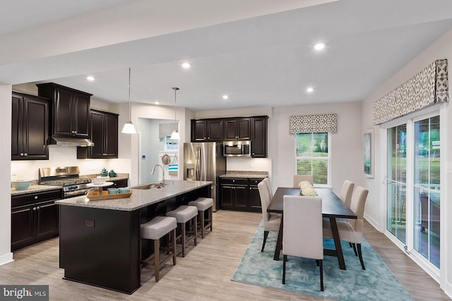 kitchen featuring an island with sink, light wood-type flooring, sink, appliances with stainless steel finishes, and decorative light fixtures