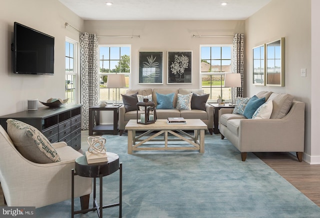 living room with dark hardwood / wood-style floors and a healthy amount of sunlight