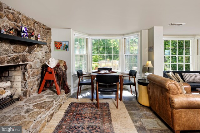 dining area with a fireplace