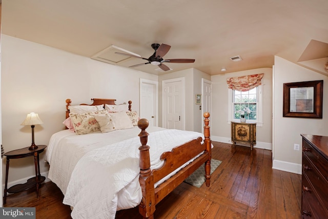 bedroom featuring ceiling fan and dark hardwood / wood-style floors