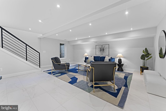 living room featuring beam ceiling