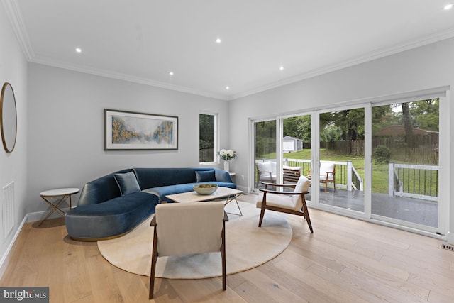 living room with crown molding, light hardwood / wood-style floors, and a healthy amount of sunlight