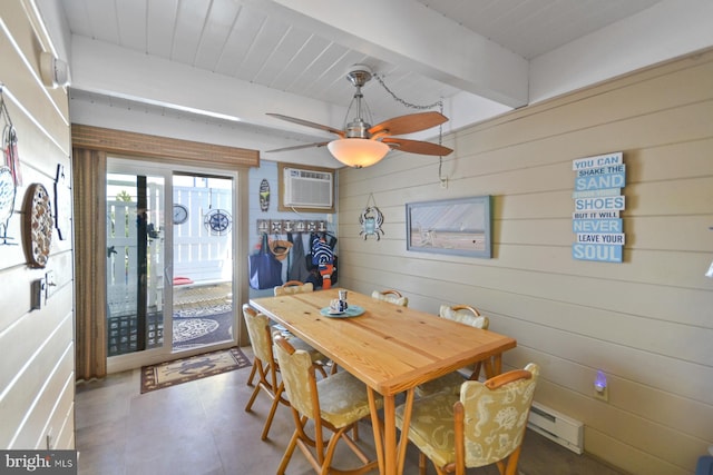 dining space with beamed ceiling, ceiling fan, wood ceiling, baseboard heating, and a wall unit AC