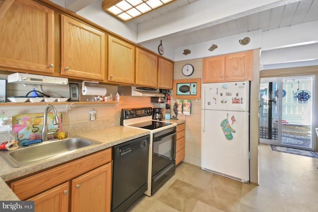 kitchen featuring sink, dishwasher, beam ceiling, range with electric stovetop, and white fridge