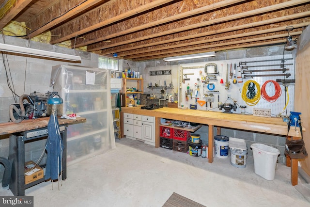 basement featuring a workshop area