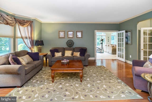 living room with hardwood / wood-style flooring, ornamental molding, and a healthy amount of sunlight