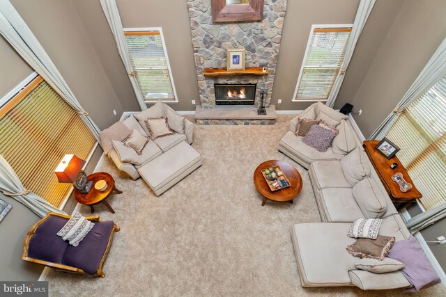 living room featuring carpet, a high ceiling, a healthy amount of sunlight, and a fireplace