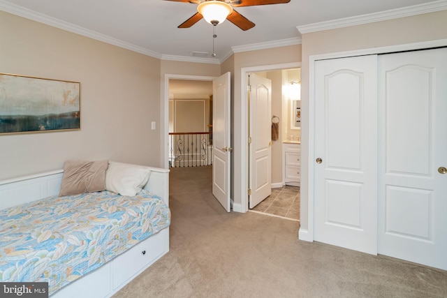 carpeted bedroom with ceiling fan, a closet, connected bathroom, and crown molding